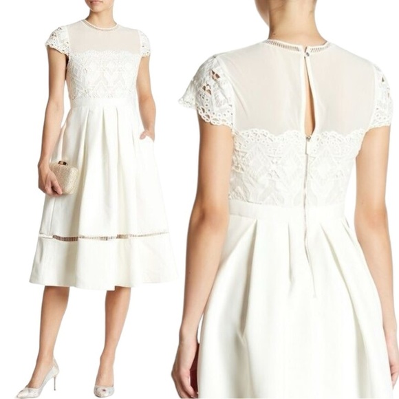 Ted Baker White Frizay Lace Bodice Pleated Tea Length Dress sz 2 - Picture 9 of 15